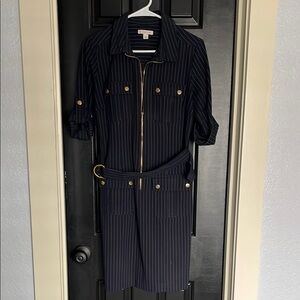 Navy Pinstripe Dress with Gold Accents